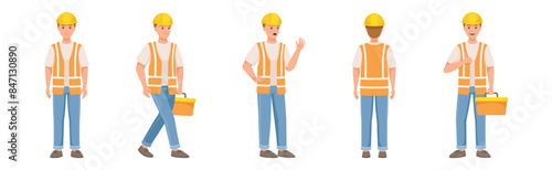 Man Builder Character in Hard Hat and Vest in Different Pose and Gesture Vector Set © Happypictures