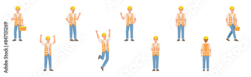 Man Builder Character in Hard Hat and Vest in Different Pose and Gesture Vector Set