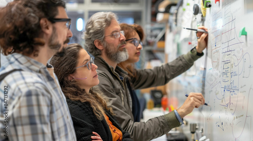 Diverse group of scientists brainstorming around whiteboard