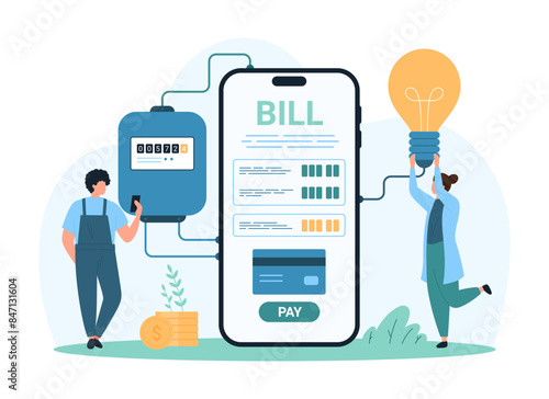Electricity bill payment online, service in mobile app. Tiny people check electric meter readings and invoice on smartphone screen to pay for household consumption cartoon vector illustration