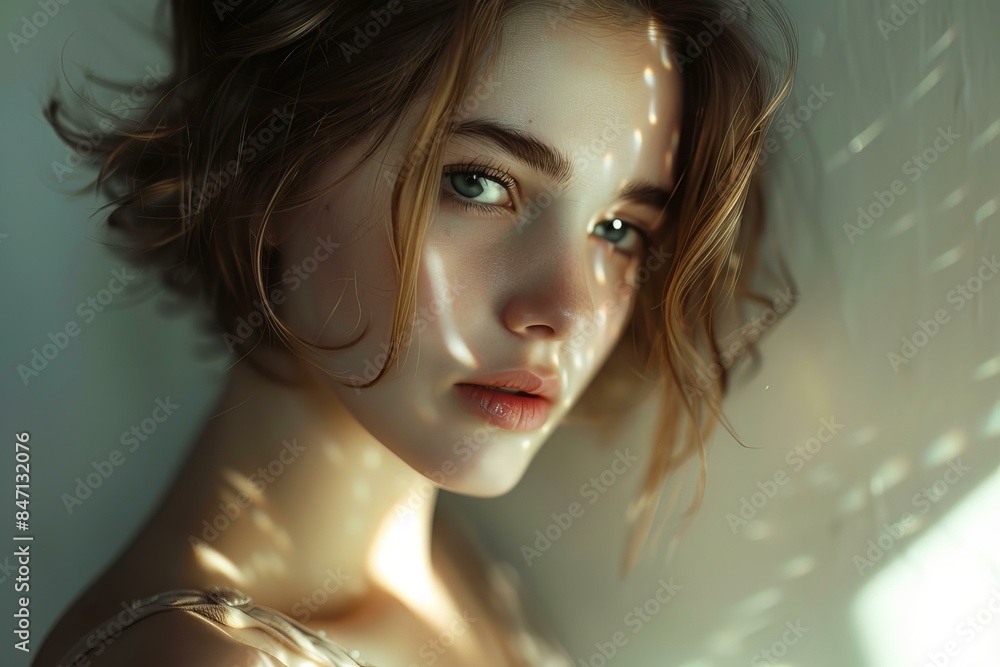 Naklejka premium Portrait of charming young woman with trendy hairstyle and natural makeup illuminated by bright sunlight