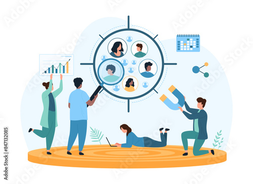 Sociology research, focus group of customers analysis. Tiny sociologists study group of people inside crosshairs with magnifying glass, attract new audience with magnet cartoon vector illustration