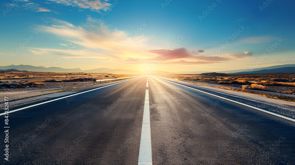 Sunset over the highway. Straight empty road Sunset over the highway. Straight empty road
