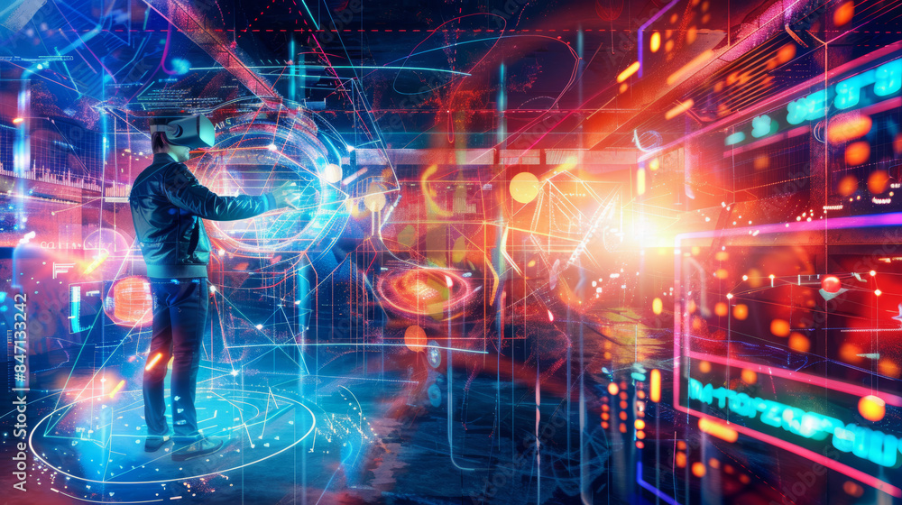 person interacting with futuristic VR interface in a neon-lit digital environment person interacting with futuristic VR interface in a neon-lit digital environment