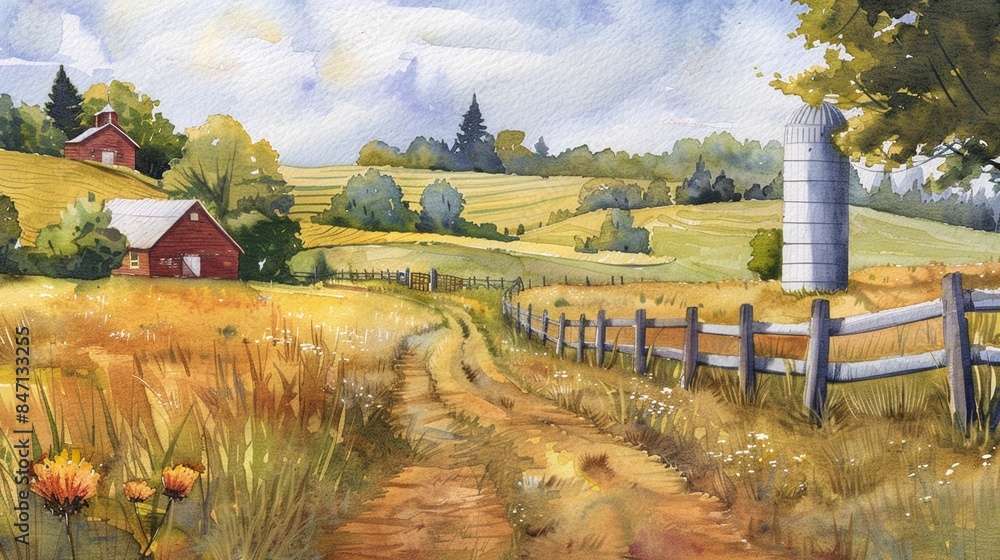 Beautiful watercolor painting of rural scenic view with farm house