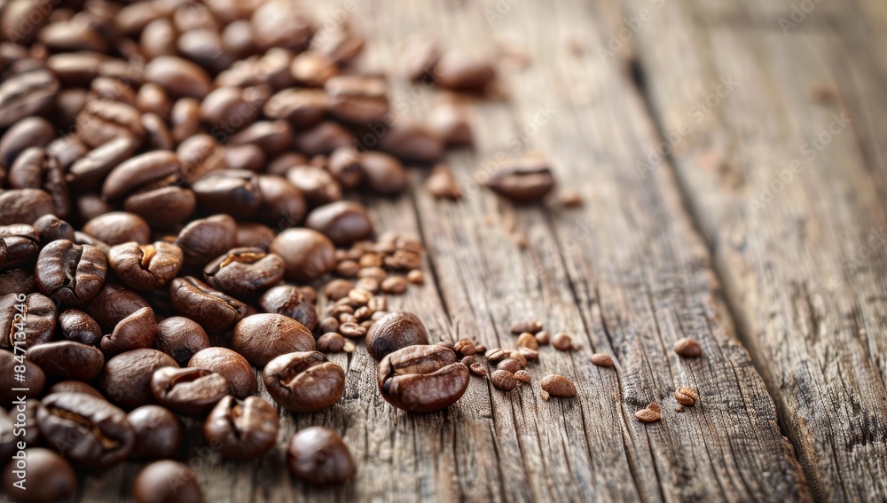 A photo of a pile of coffee beans on an old wooden table, with some scattered around and visible seeds in the background. Web banner with empty space A photo of a pile of coffee beans on an old wooden table, with some scattered around and visible seeds in the background. Web banner with empty space