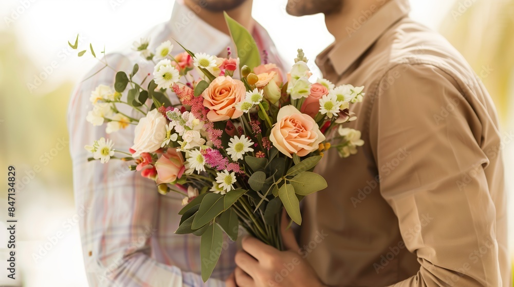close up of happy male gay couple holding bouquet of flowers close up of happy male gay couple holding bouquet of flowers