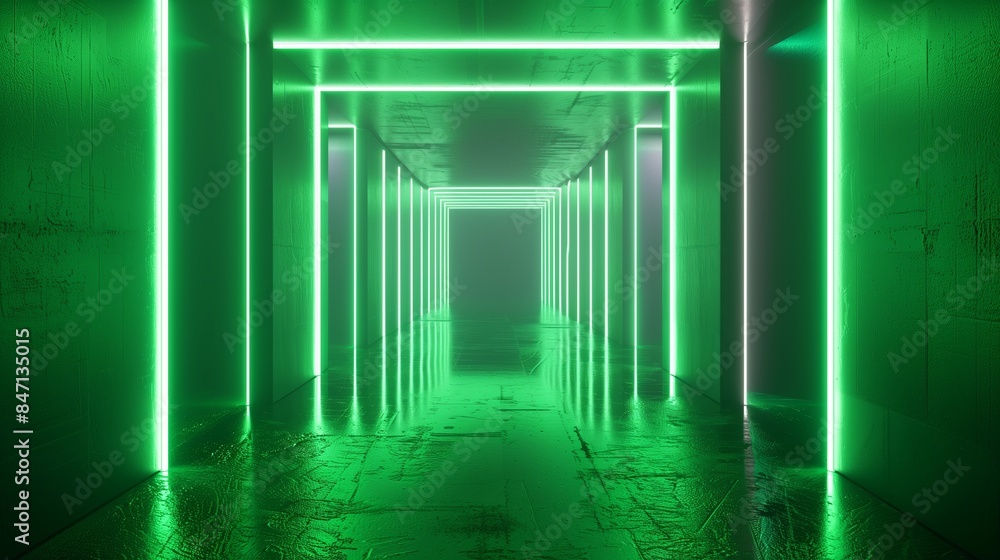 Obraz premium Empty green neon corridor, virtual reality environment