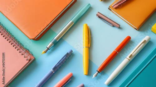 Colorful back to school stationery with notebooks and pens on a pastel background