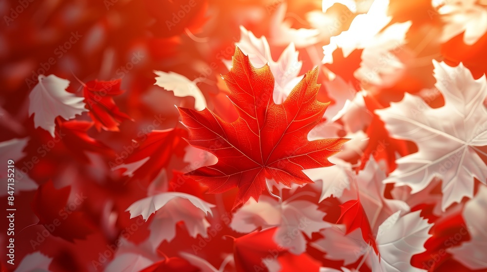 Detailed 3D rendering of a central maple leaf against a vibrant red and white background, ideal for copy space Detailed 3D rendering of a central maple leaf against a vibrant red and white background, ideal for copy space