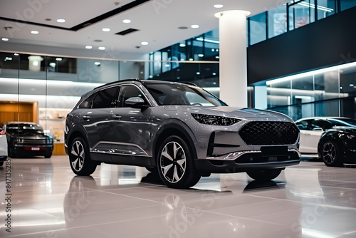 New luxury SUV compact car parked in modern showroom for sale. Car dealership office. Car retail shop. Electric car technology and business concept