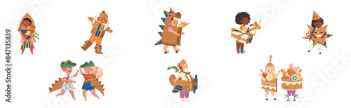 Happy Children in Homemade Cardboard Costume Playing and Having Fun Vector Set