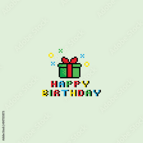 pixel happy birthday icon 8 bit, pixel art birthday icon card logo.