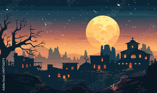 Silhouetted haunted house under full moon, spooky Halloween night scene. Warm sunset colors behind creepy village dead tree, glowing windows. Eerie atmosphere, abandoned buildings, surreal spooky