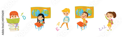 Cute School Boy and Girl Learn Lesson Vector Set