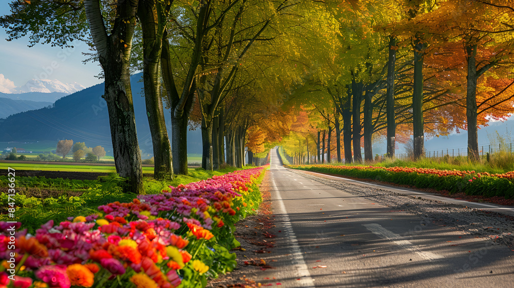Naklejka premium Road lined with trees and fields of colorful flowers