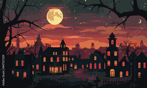 Halloween village under full moon glow, eerie night landscape, haunted houses lit up. Spooky town scene, dark silhouettes, twilight orange sky, creepy Halloween theme illustration. Trees framing