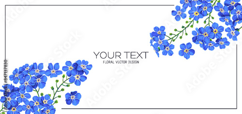 Spring banner with blue forget-me-not flowers. Realistic hand drawn detailed elements on white background, place for text. Banner for social networks, outdoor and online advertising.