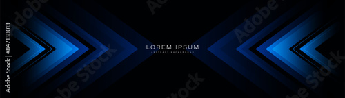 Abstract blue arrow on black background. Modern geometric graphic design. Dynamic shapes. Technology futuristic concept. Horizontal banner template. Vector illustration