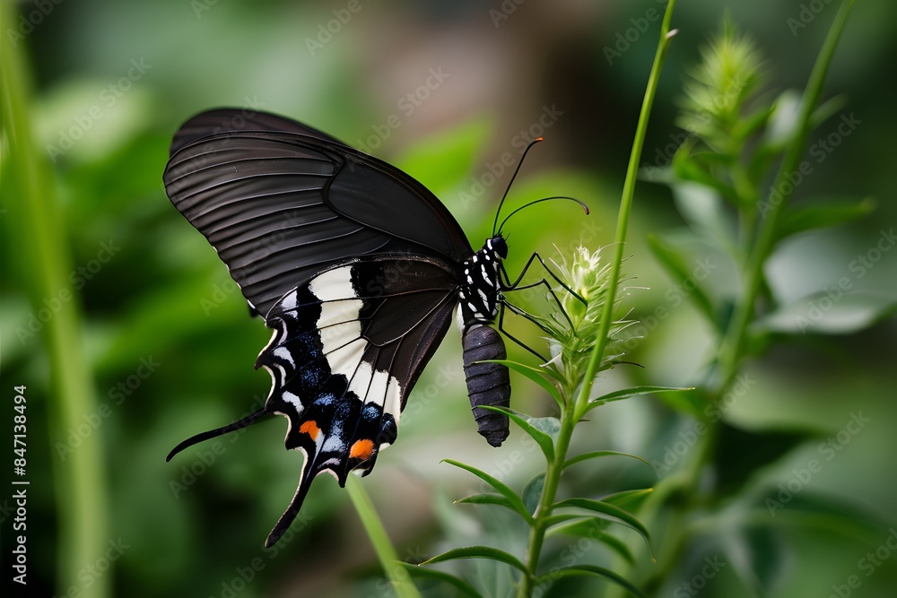 Black winged butterfly with white patches perched on green plant in natural setting Black winged butterfly with white patches perched on green plant in natural setting