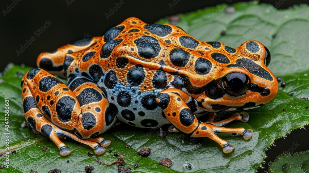 Fototapeta premium Colorful frog perched gracefully on lush green leaf in vibrant display of nature