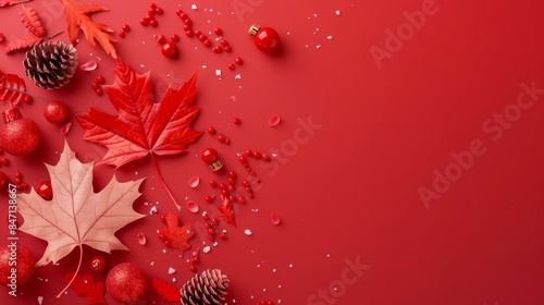 Canada Day celebration card with minimal design, a red maple leaf, and red and white decorations