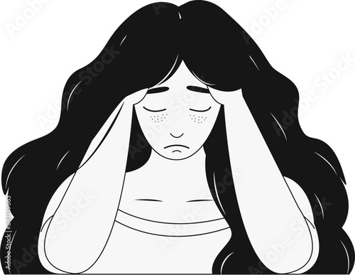 Depression concept. Young sad and tired woman. Vector illustration in doodle style
