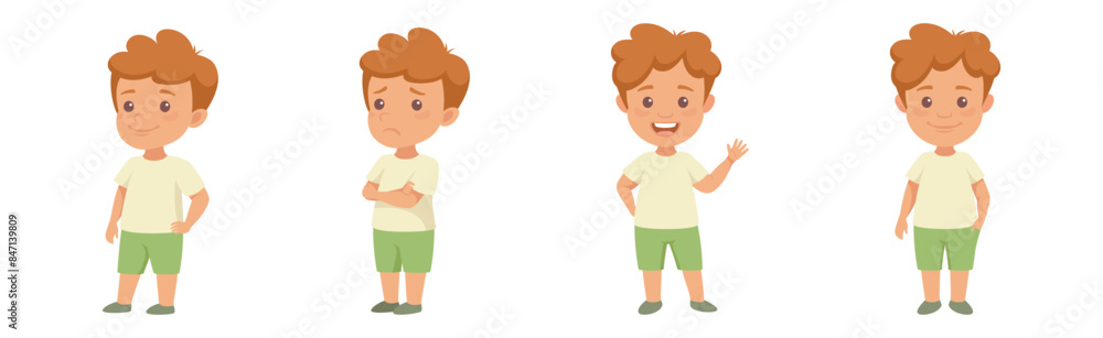 Little Redhead Boy in Green Shorts Having Different Face Emotion and Gesture Vector Set Little Redhead Boy in Green Shorts Having Different Face Emotion and Gesture Vector Set