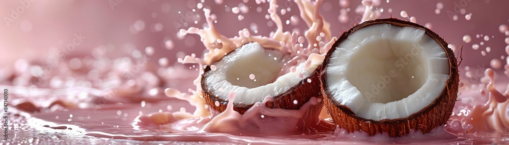 A close-up photo of a half of coconut and milk splashA splash of coconut water with chunks midair droplets suspended against a flat clear background studio lighting perfect for marketing text Tropical A close-up photo of a half of coconut and milk splashA splash of coconut water with chunks midair droplets suspended against a flat clear background studio lighting perfect for marketing text Tropical