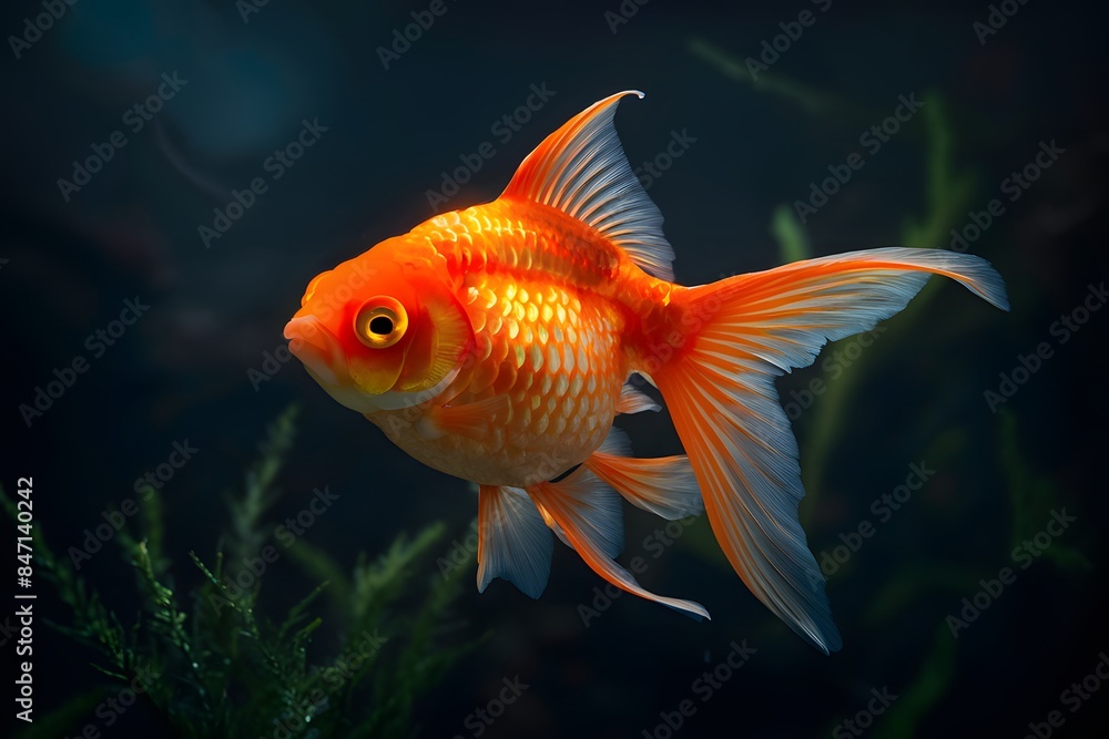 A mesmerizing goldfish gracefully swims through a dark aquatic realm with vibrant colors A mesmerizing goldfish gracefully swims through a dark aquatic realm with vibrant colors