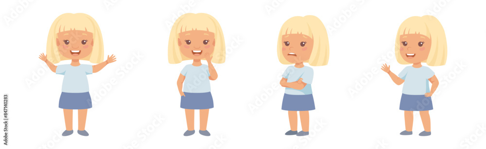 Little Blond Girl with Short Hair Having Different Face Emotion and Gesture Vector Set Little Blond Girl with Short Hair Having Different Face Emotion and Gesture Vector Set