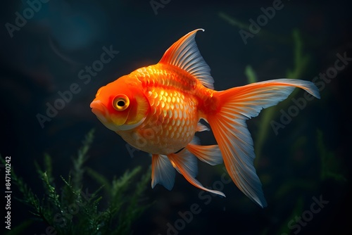 A mesmerizing goldfish gracefully swims through a dark aquatic realm with vibrant colors