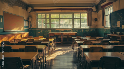 A nostalgic atmosphere fills an empty, sun-drenched vintage classroom