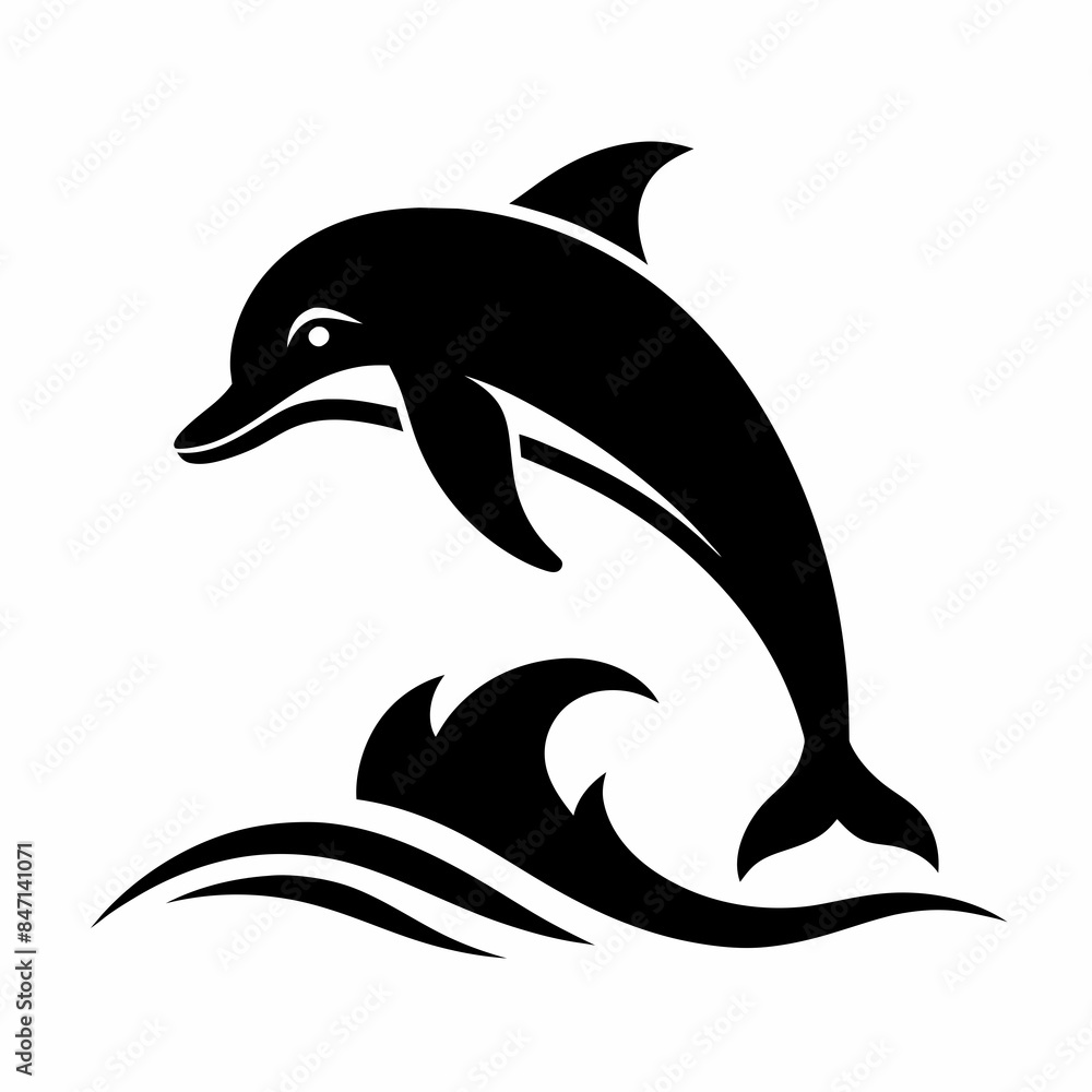 Fototapeta premium Dolphin over a wave engraving vector silhouette an white background