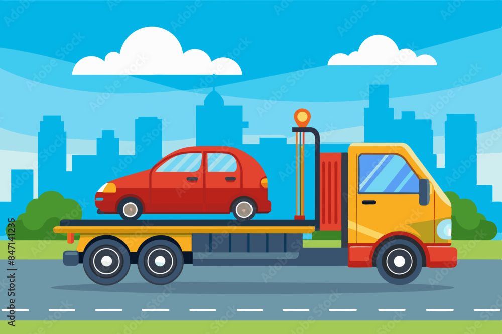 Naklejka premium Generic unwanted vehicles loaded onto towing or recovery breakdown trucks