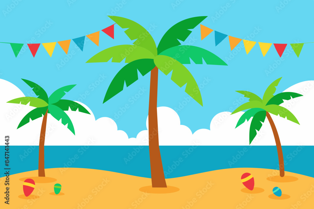 A tropical birthday backdrop with palm trees, a sandy beach and brightly colored decorations vector illustration