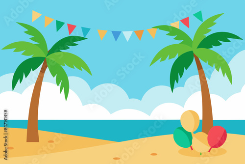 A tropical birthday backdrop with palm trees  a sandy beach and brightly colored decorations vector illustration