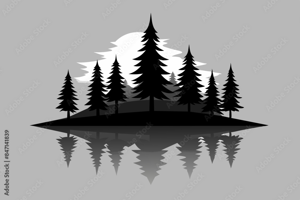 Obraz premium Reflection in water, pine tree forest vector silhouette