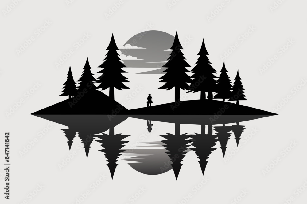 Obraz premium Reflection in water, pine tree forest vector silhouette