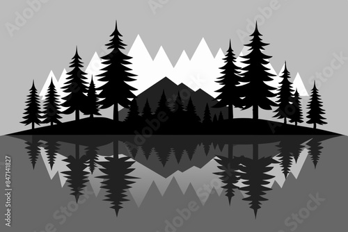 Reflection in water, pine tree forest vector silhouette
