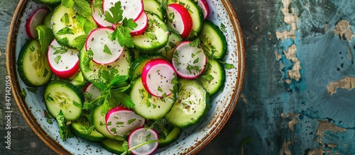 Refreshing salad made with cucumbers, radishes, and herbs from above.