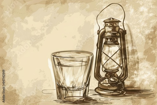 Tequila Shooter Glass with a lantern, vintage, sepia tones, illustration photo