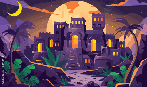 Fantasy castle lit moonlight nestled among exotic foliage under starry sky. Mysterious moonlit ruins palm trees evoke tales ancient civilizations. Illuminated windows dark castle towers suggest