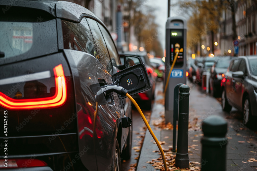 An electric car plugged in at a charging station on a city street lined with autumn leaves, depicting sustainable transportation. An electric car plugged in at a charging station on a city street lined with autumn leaves, depicting sustainable transportation.