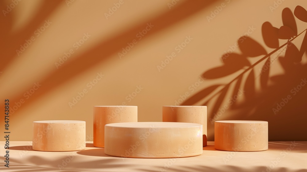 Five Minimalist Light Orange Toned Round Podiums for Product Presentation on Empty Background. Ideal for E-commerce and Advertising Displays, Showcasing Minimalist Style and Elegance Five Minimalist Light Orange Toned Round Podiums for Product Presentation on Empty Background. Ideal for E-commerce and Advertising Displays, Showcasing Minimalist Style and Elegance