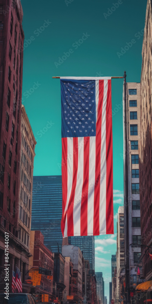 Naklejka premium Labor Day in the USA, Independence Day in the USA, holiday in the USA. the US flag on the background of the city. The American flag