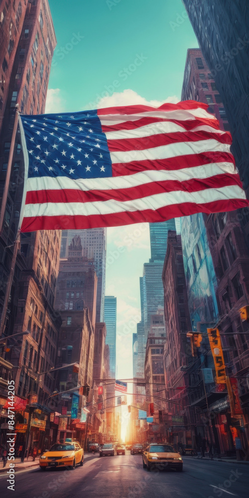 Naklejka premium Labor Day in the USA, Independence Day in the USA, holiday in the USA. the US flag on the background of the city. The American flag