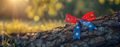 Patriotic red, white, and blue ribbon with stars on a tree branch in a scenic outdoor setting during sunset with blurred background. photo
