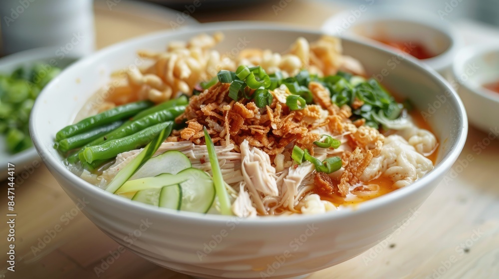 Chicken porridge served in a plain white bowl topped with shredded chicken Chinese crullers green beans wontons and sliced celery Chicken porridge served in a plain white bowl topped with shredded chicken Chinese crullers green beans wontons and sliced celery