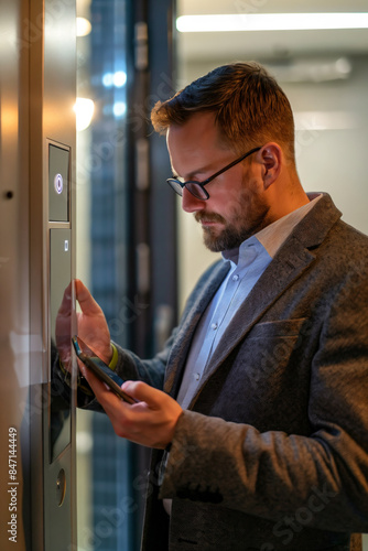 A businessman closely holds a phone, using an application to remotely control the door opening of a house or office.